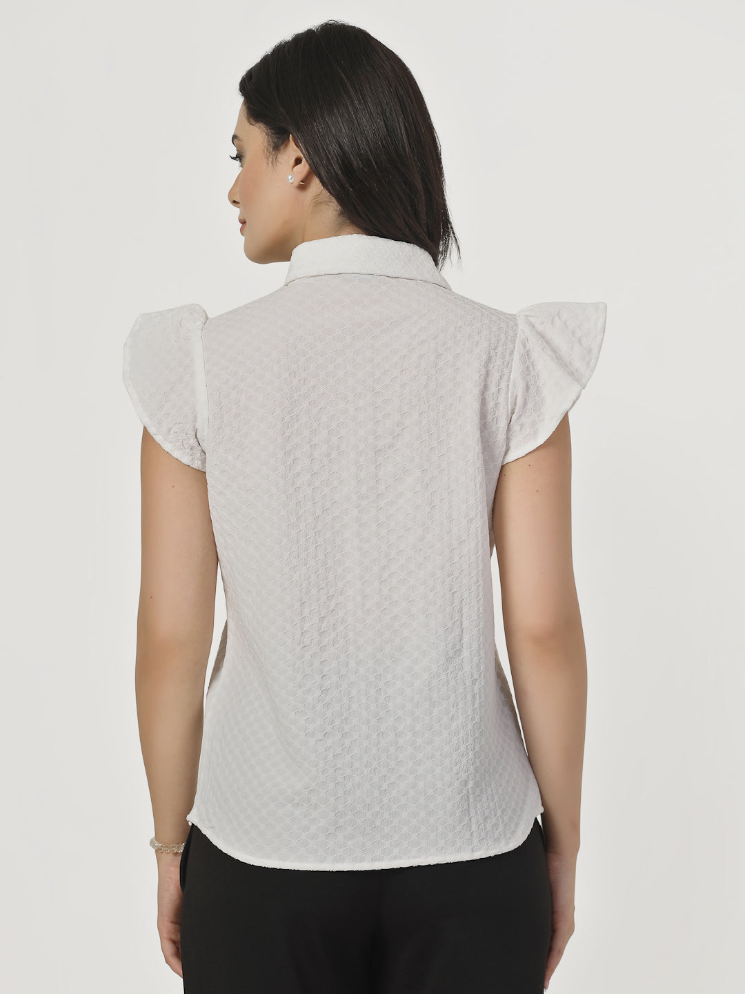 Style Quotient Women White Solid Texture Polyester Cap Sleeve Formal Shirt-Shirts-StyleQuotient