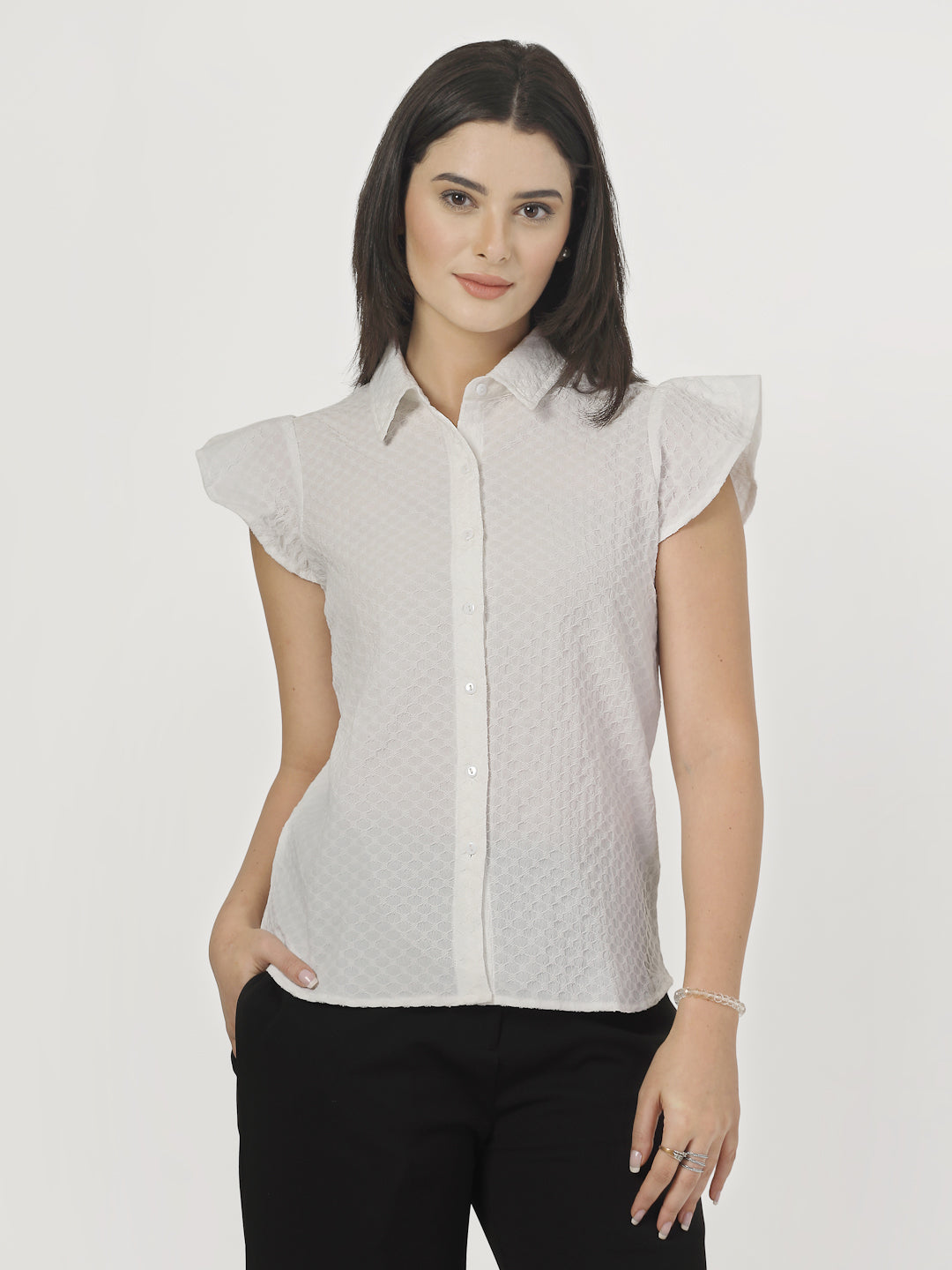 Style Quotient Women White Solid Texture Polyester Cap Sleeve Formal Shirt-Shirts-StyleQuotient
