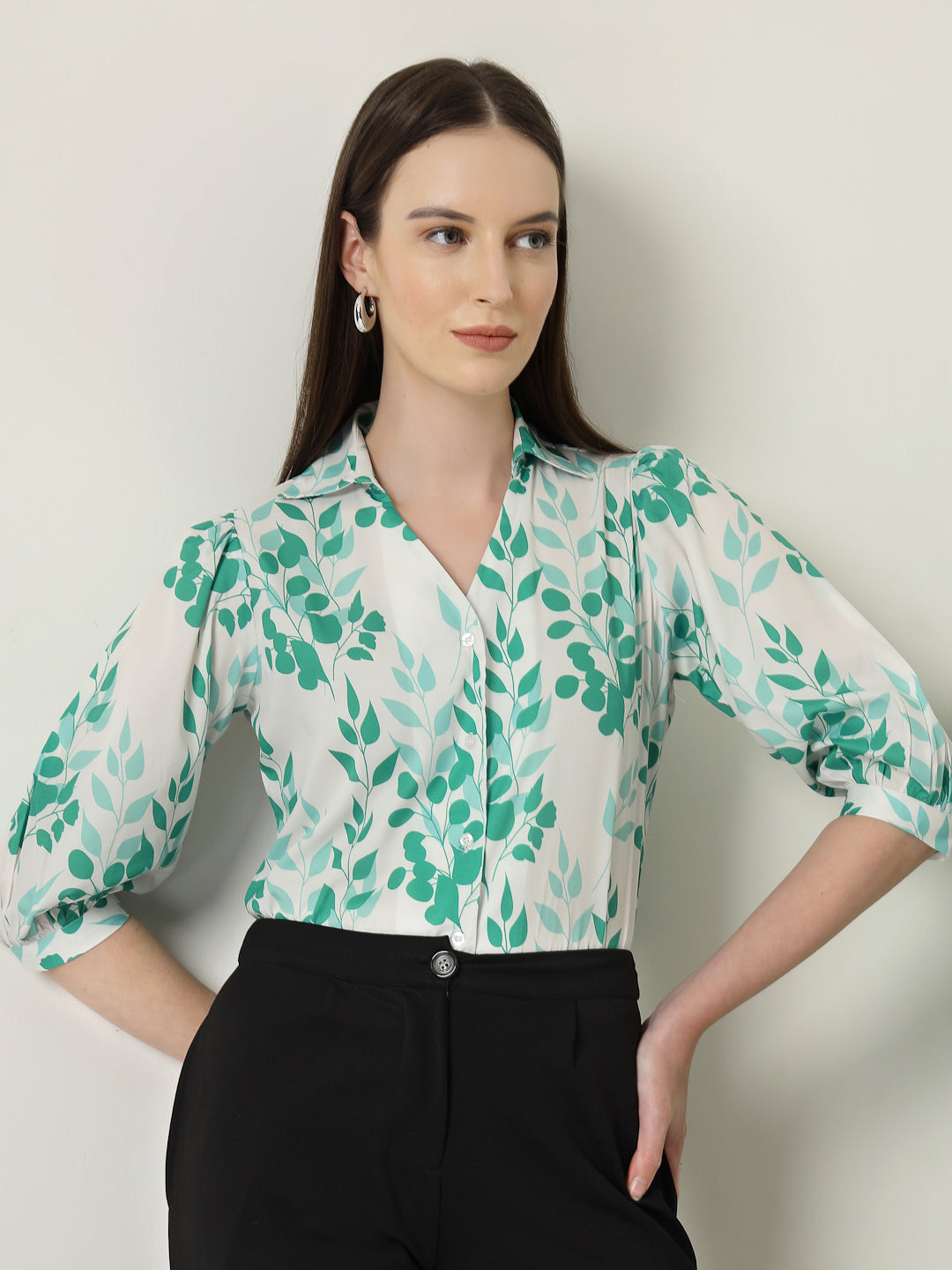Style Quotient Women White And Green Floral Printed Polycrepe Regular Fit Formal Shirt-Shirts-StyleQuotient