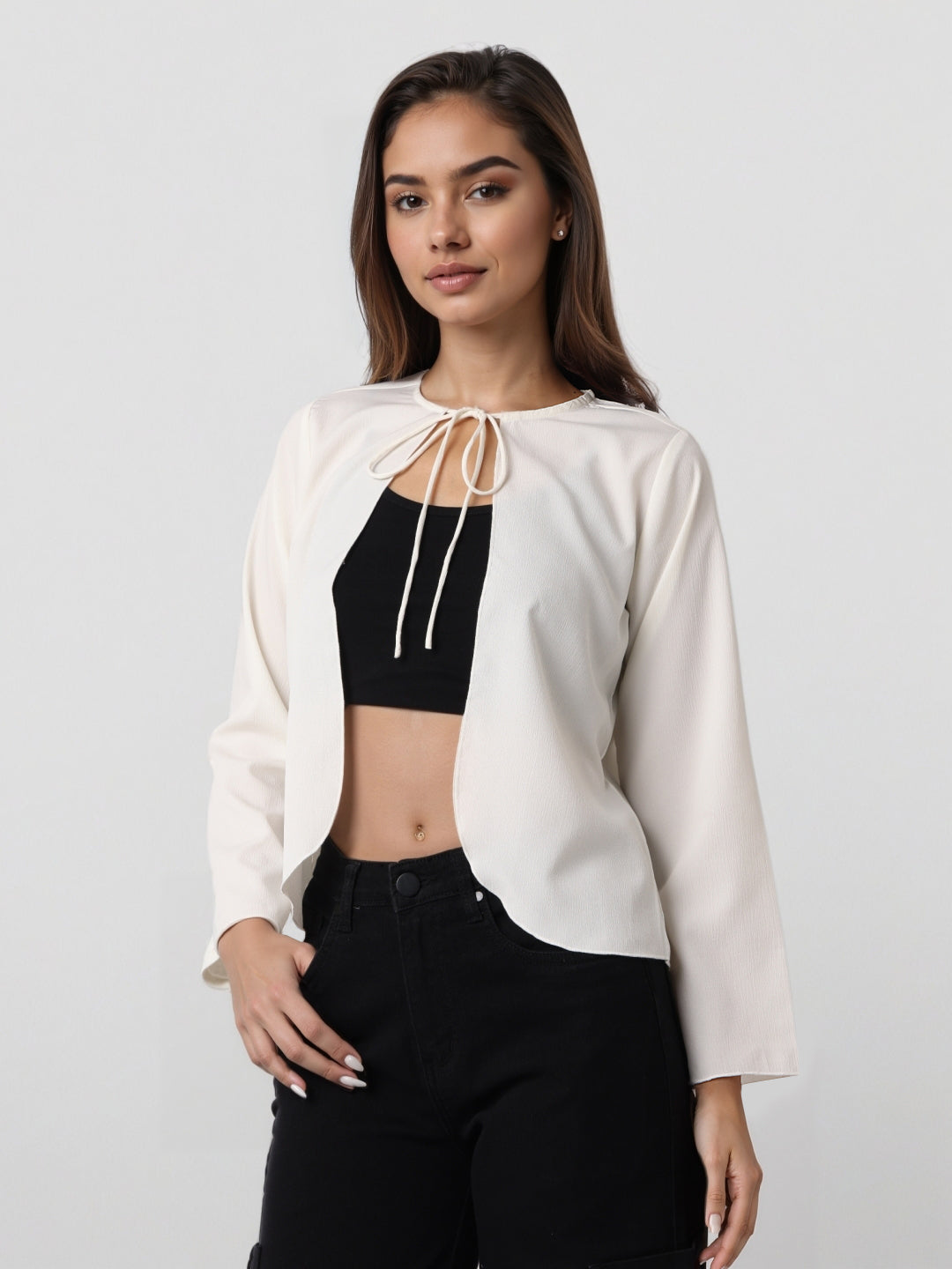 Style Quotient Women Solid Textured White Rayon Open Front Smart Casual Shrug-Shrug-StyleQuotient