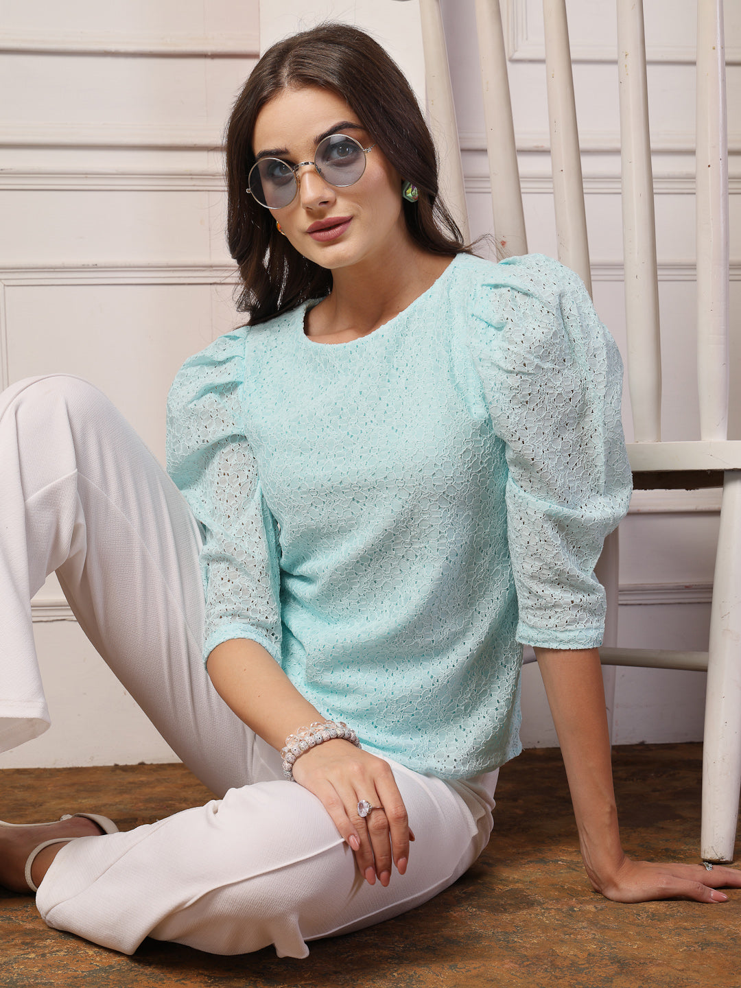 Style Quotient Women Blue Self Design Floral Lace Regular Smart Casual Top-Tops-StyleQuotient