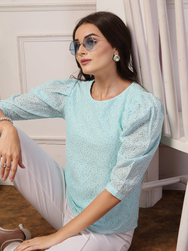 Style Quotient Women Blue Self Design Floral Lace Regular Smart Casual Top-Tops-StyleQuotient