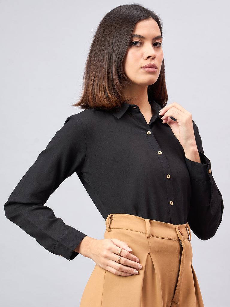 Style Quotient Women Solid Black Flex Regular Shirt-Shirts-StyleQuotient