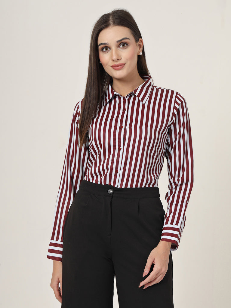 Style Quotient Women Maroon And White Stripe Printed Polyester Regular Fit Formal Shirt-Shirts-StyleQuotient