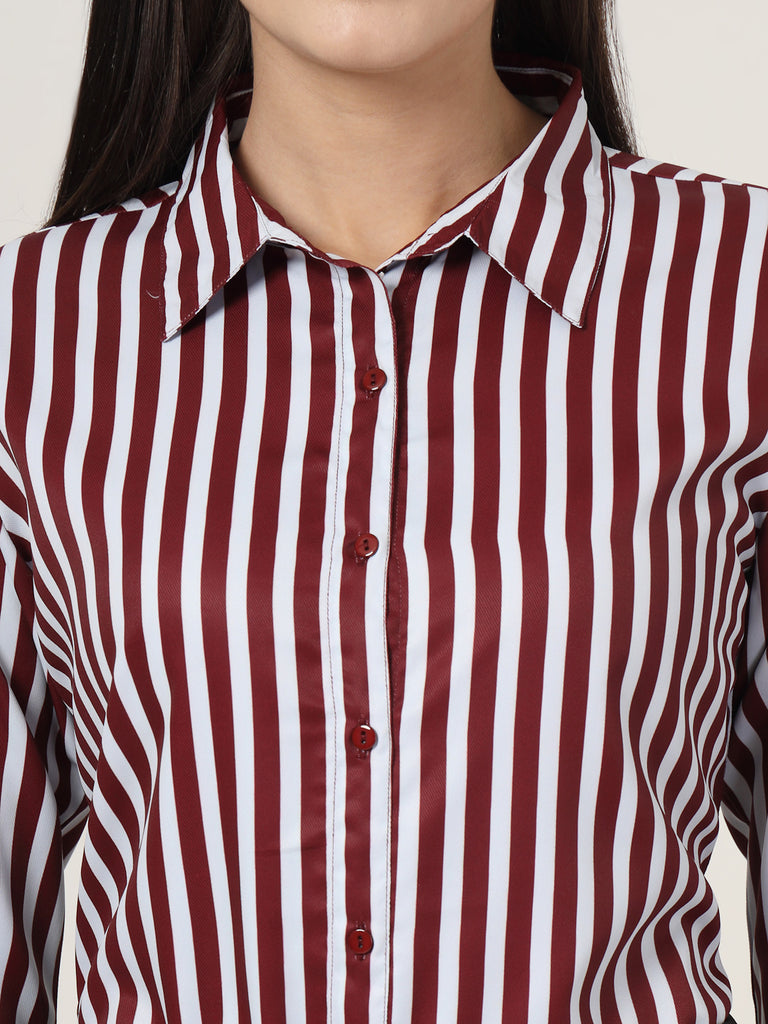 Style Quotient Women Maroon And White Stripe Printed Polyester Regular Fit Formal Shirt-Shirts-StyleQuotient