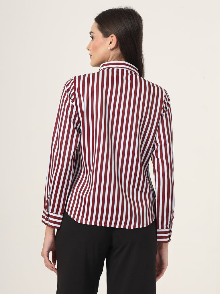 Style Quotient Women Maroon And White Stripe Printed Polyester Regular Fit Formal Shirt-Shirts-StyleQuotient