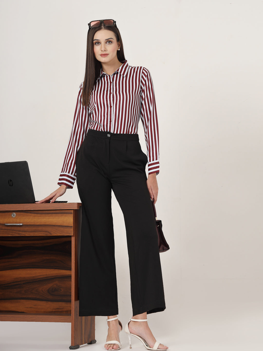 Style Quotient Women Maroon And White Stripe Printed Polyester Regular Fit Formal Shirt-Shirts-StyleQuotient