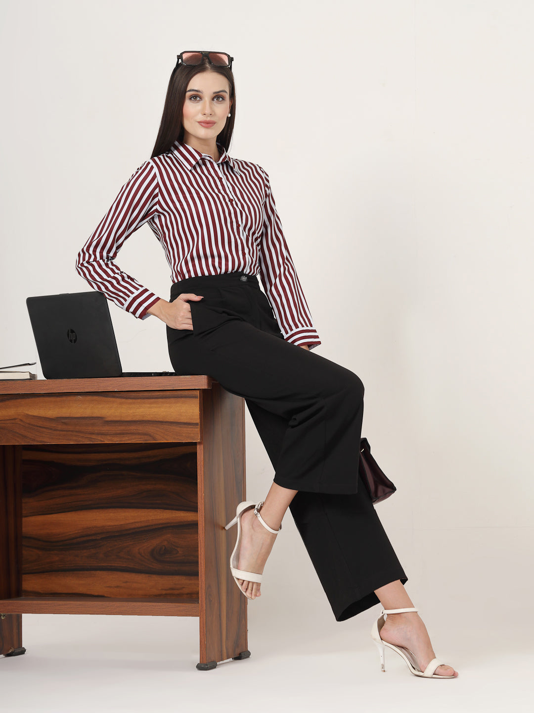 Style Quotient Women Maroon And White Stripe Printed Polyester Regular Fit Formal Shirt-Shirts-StyleQuotient