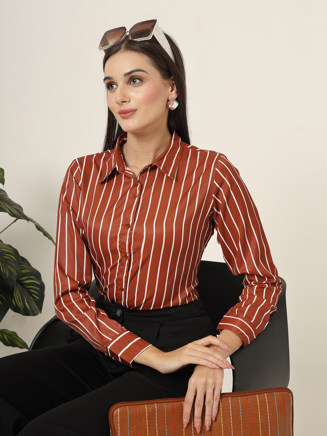 Style Quotient Women Brown And White Stripe Printed Polyester Regular Fit Formal Shirt-Shirts-StyleQuotient