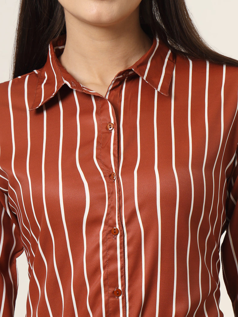 Style Quotient Women Brown And White Stripe Printed Polyester Regular Fit Formal Shirt-Shirts-StyleQuotient