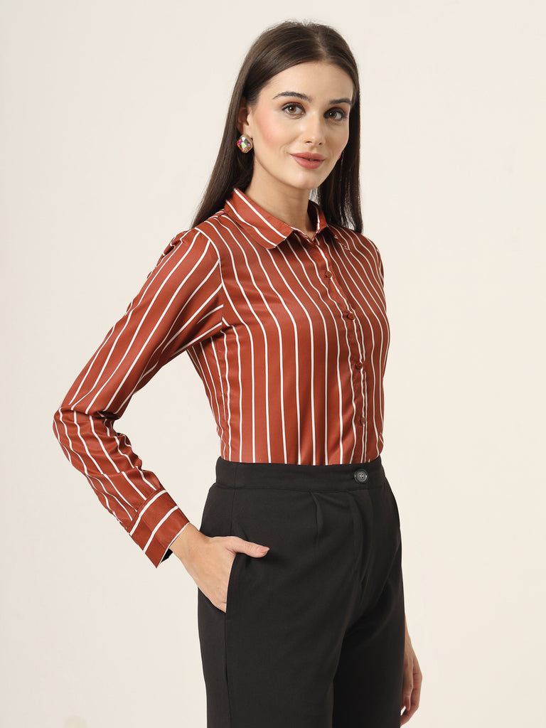 Style Quotient Women Brown And White Stripe Printed Polyester Regular Fit Formal Shirt-Shirts-StyleQuotient