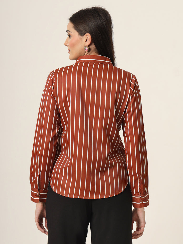 Style Quotient Women Brown And White Stripe Printed Polyester Regular Fit Formal Shirt-Shirts-StyleQuotient