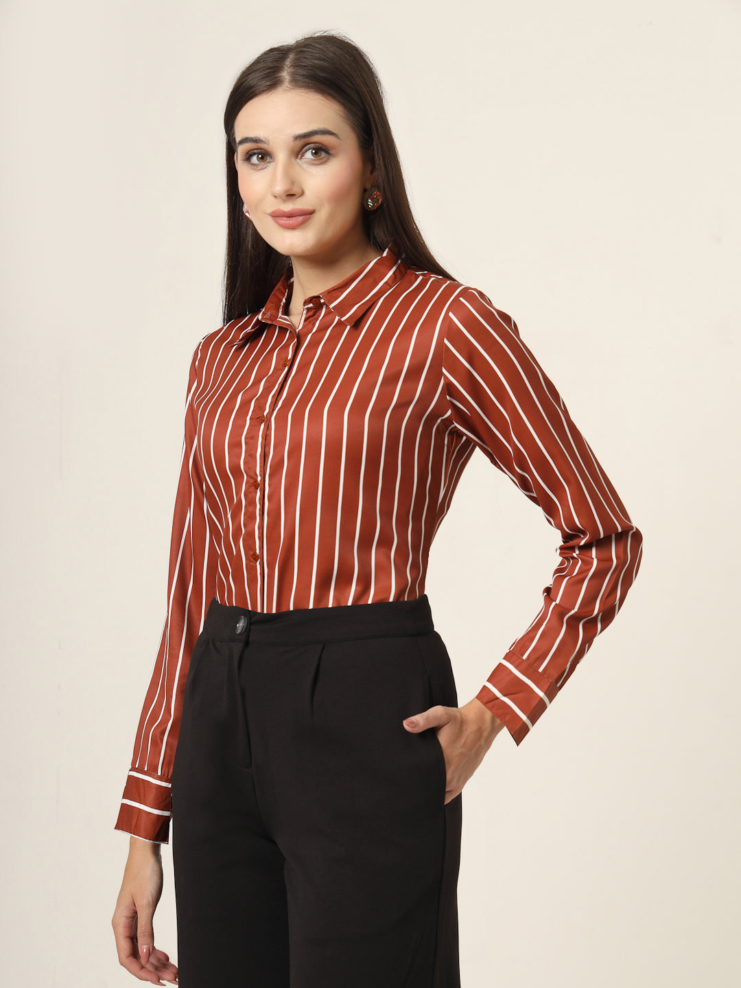 Style Quotient Women Brown And White Stripe Printed Polyester Regular Fit Formal Shirt-Shirts-StyleQuotient