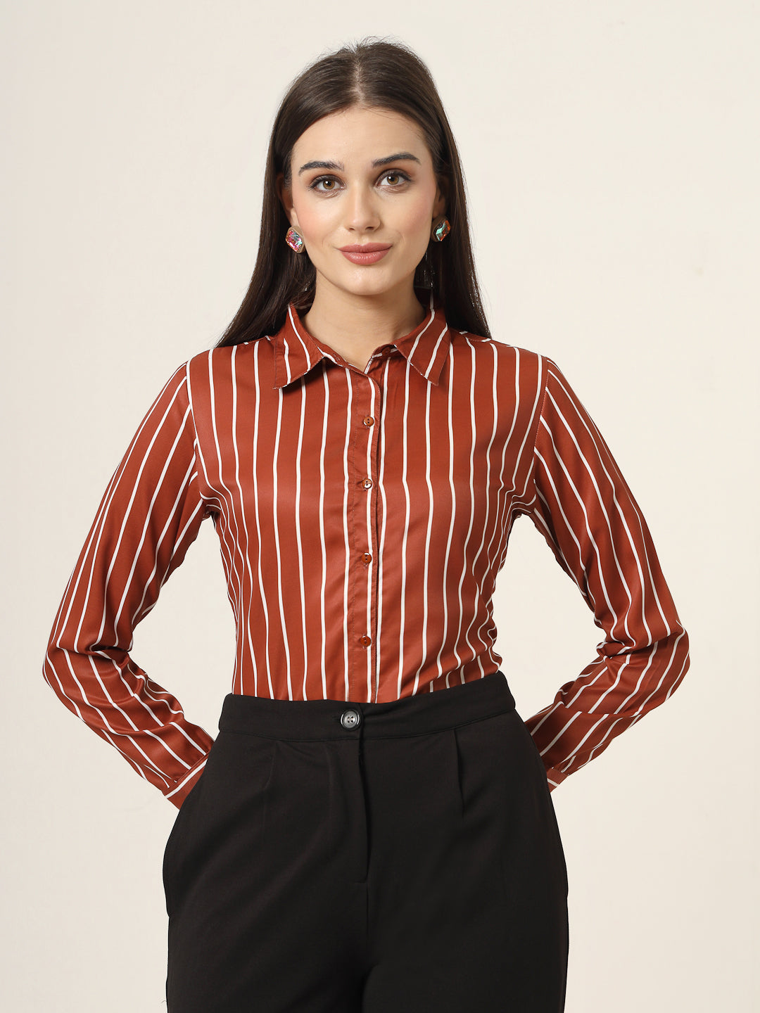 Style Quotient Women Brown And White Stripe Printed Polyester Regular Fit Formal Shirt-Shirts-StyleQuotient