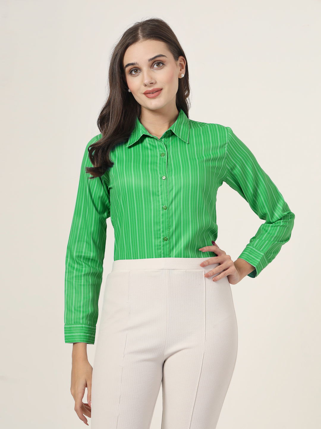 Style Quotient Women Green Stripe Printed Polyester Regular Fit Formal Shirt-Shirts-StyleQuotient