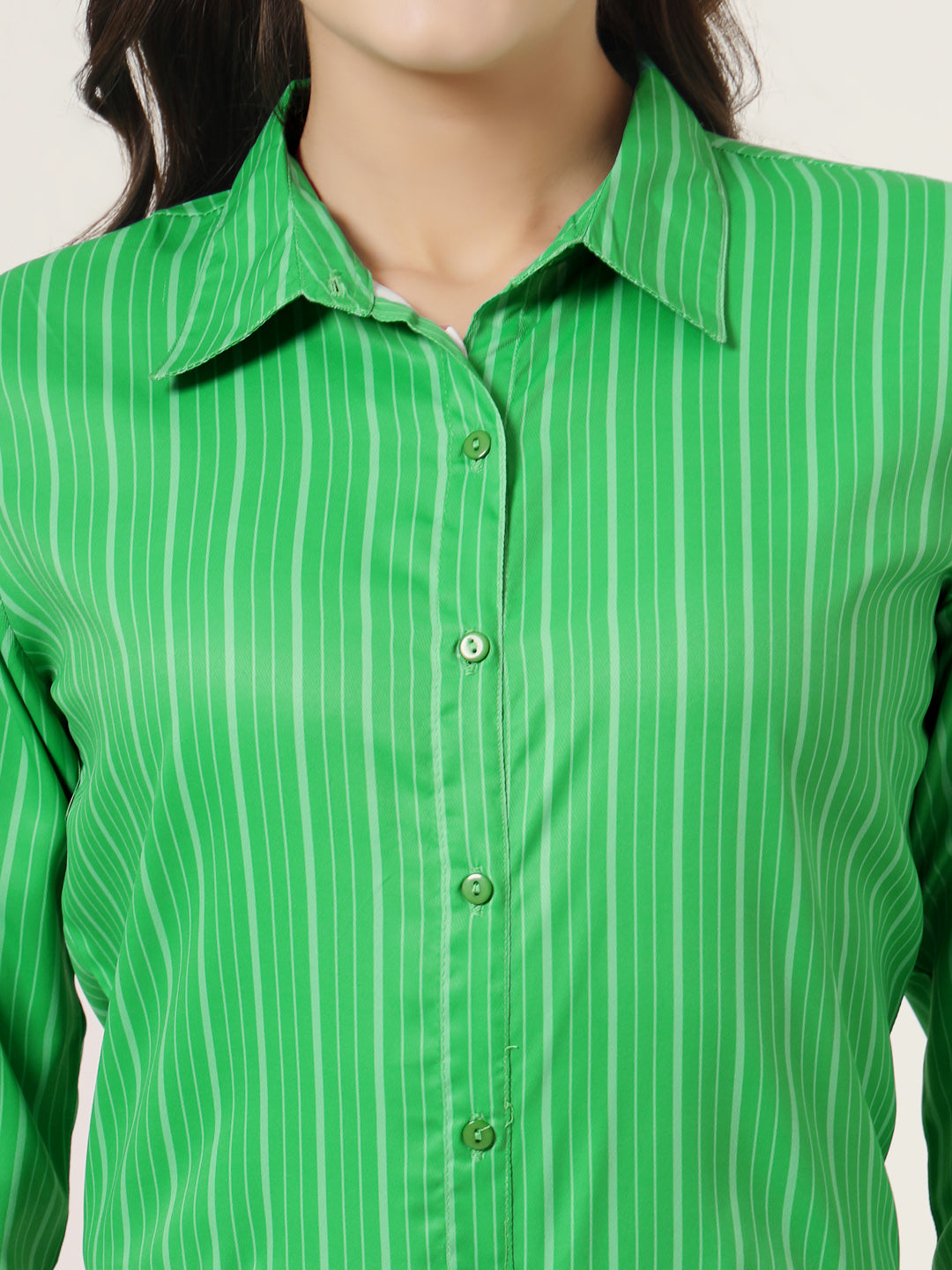 Style Quotient Women Green Stripe Printed Polyester Regular Fit Formal Shirt-Shirts-StyleQuotient