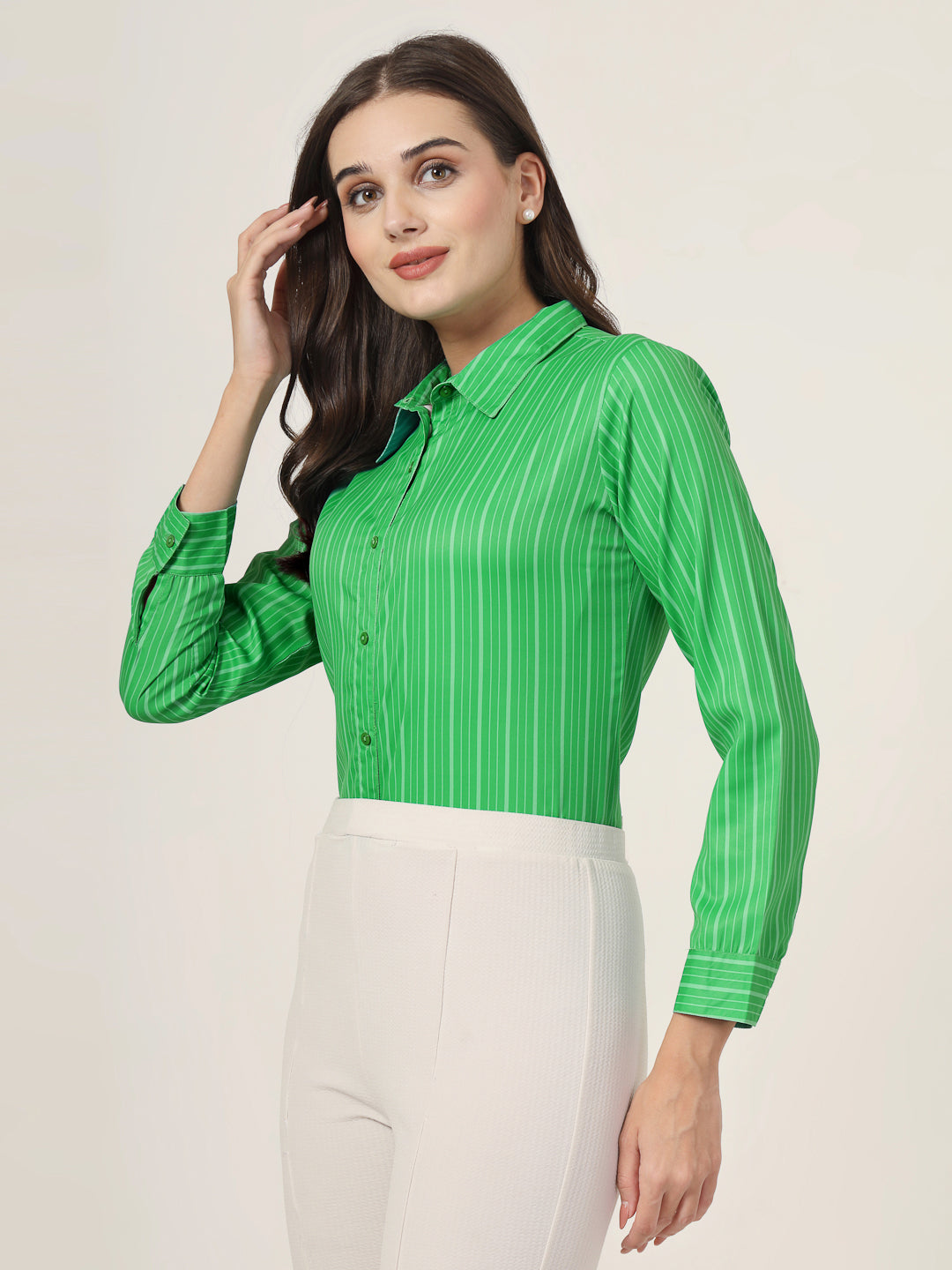 Style Quotient Women Green Stripe Printed Polyester Regular Fit Formal Shirt-Shirts-StyleQuotient