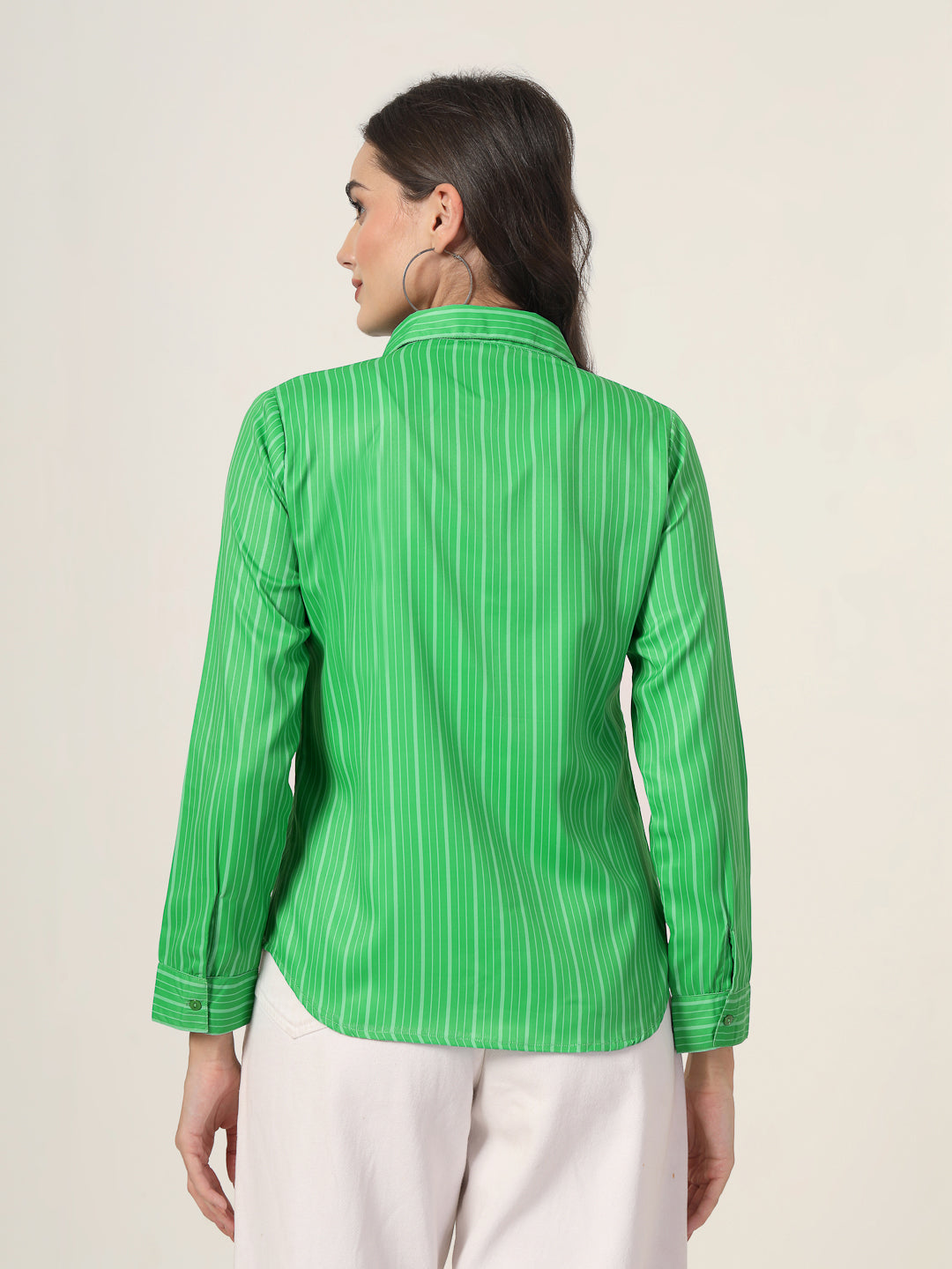 Style Quotient Women Green Stripe Printed Polyester Regular Fit Formal Shirt-Shirts-StyleQuotient