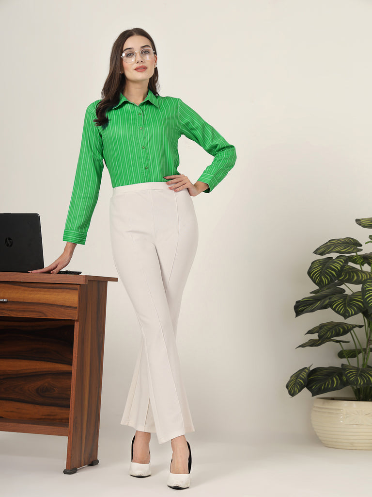 Style Quotient Women Green Stripe Printed Polyester Regular Fit Formal Shirt-Shirts-StyleQuotient