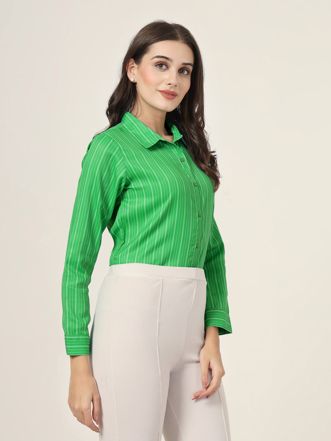 Style Quotient Women Green Stripe Printed Polyester Regular Fit Formal Shirt-Shirts-StyleQuotient