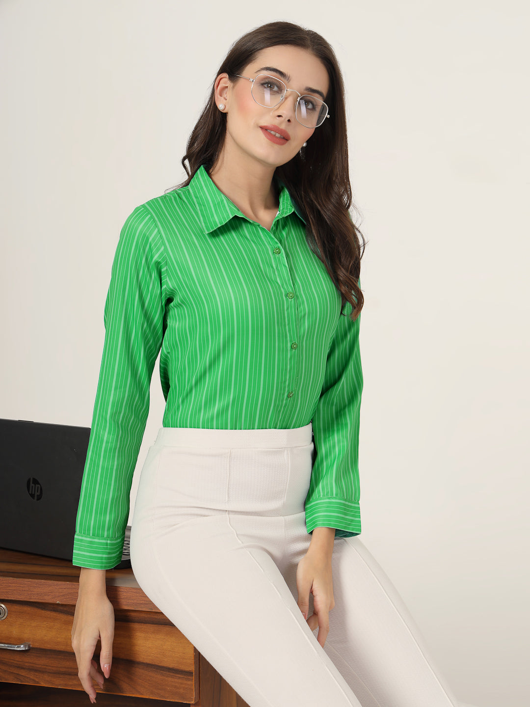 Style Quotient Women Green Stripe Printed Polyester Regular Fit Formal Shirt-Shirts-StyleQuotient