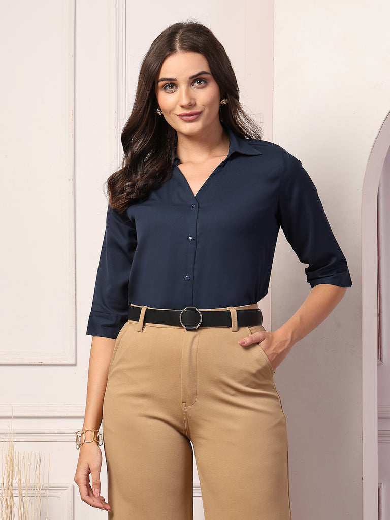 Style Quotient Women Navy Solid Polymoss Regular Formal Shirt-Shirts-StyleQuotient