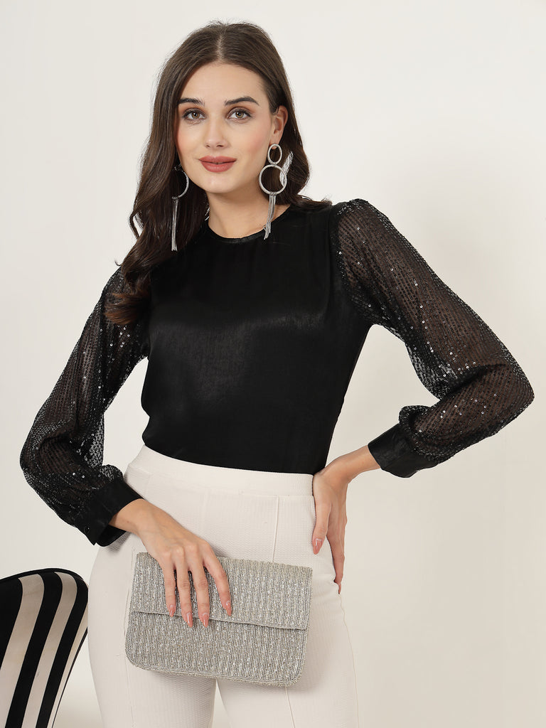 Style Quotient Women black Satin with Sequins top-Tops-StyleQuotient