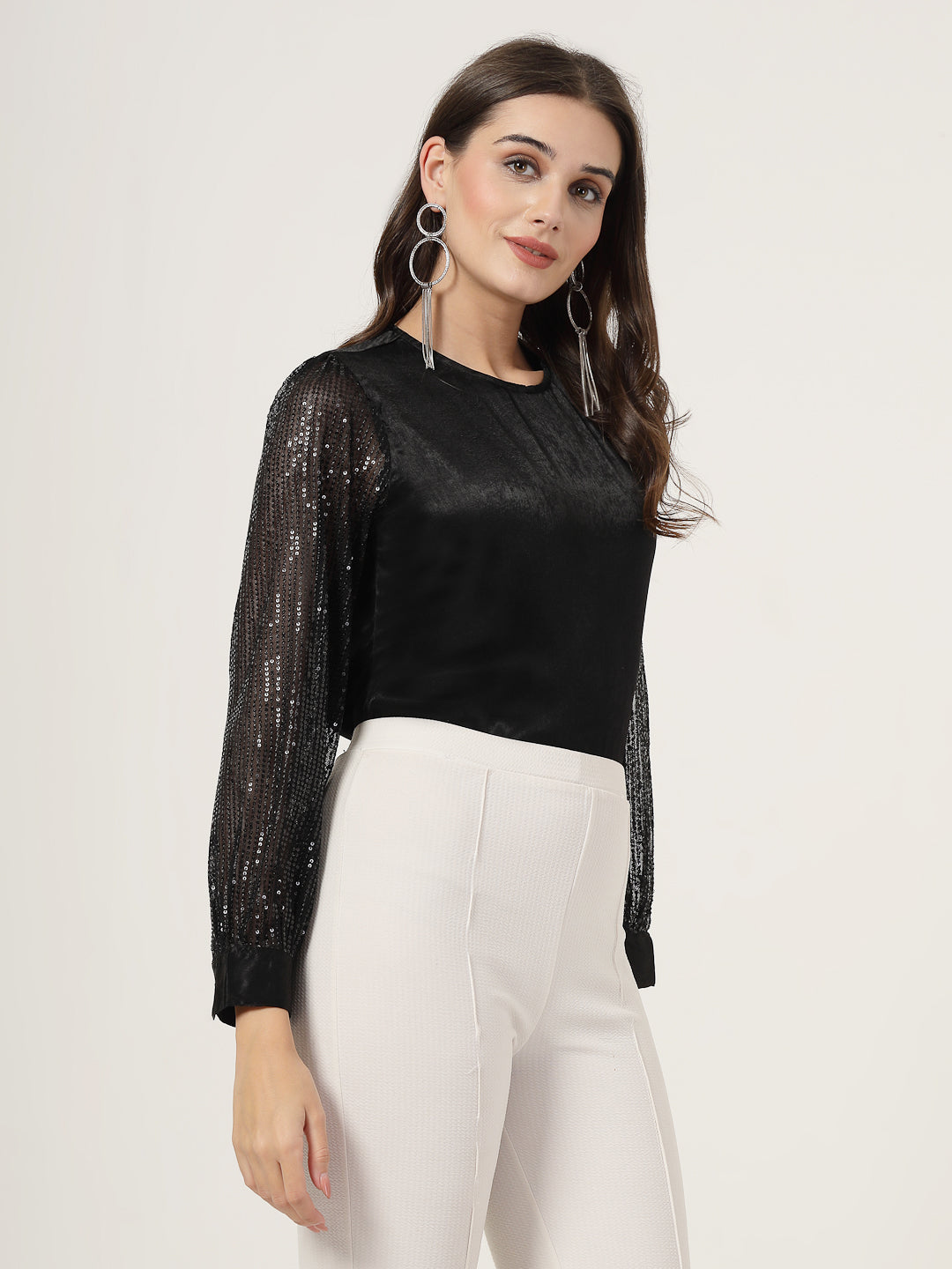 Style Quotient Women black Satin with Sequins top-Tops-StyleQuotient