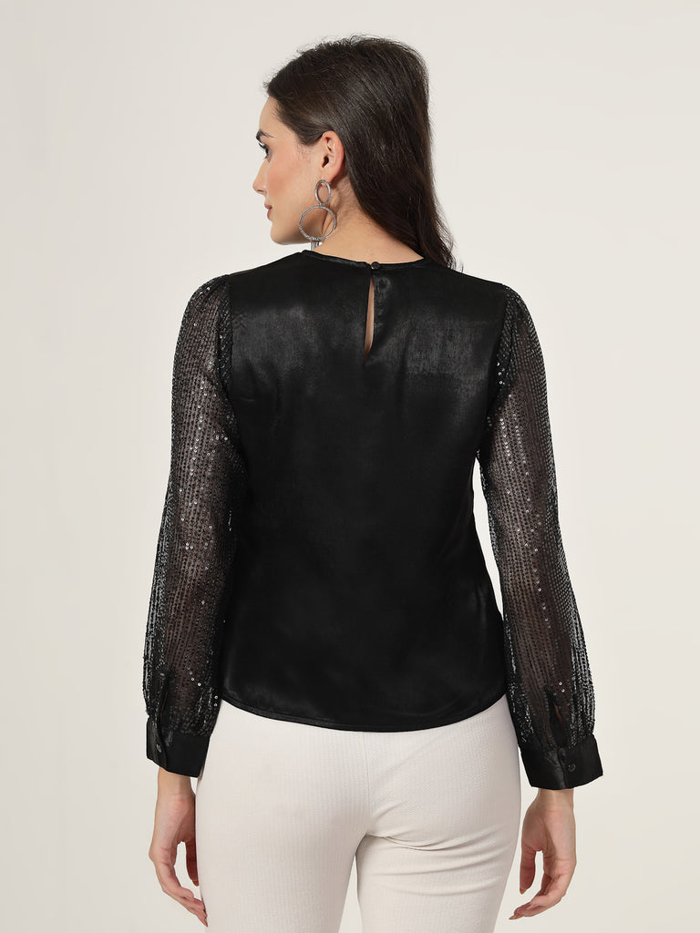 Style Quotient Women black Satin with Sequins top-Tops-StyleQuotient