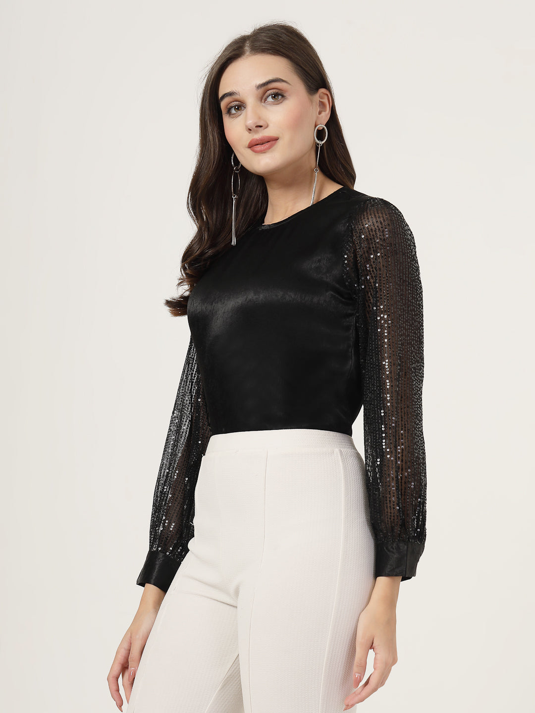 Style Quotient Women black Satin with Sequins top-Tops-StyleQuotient