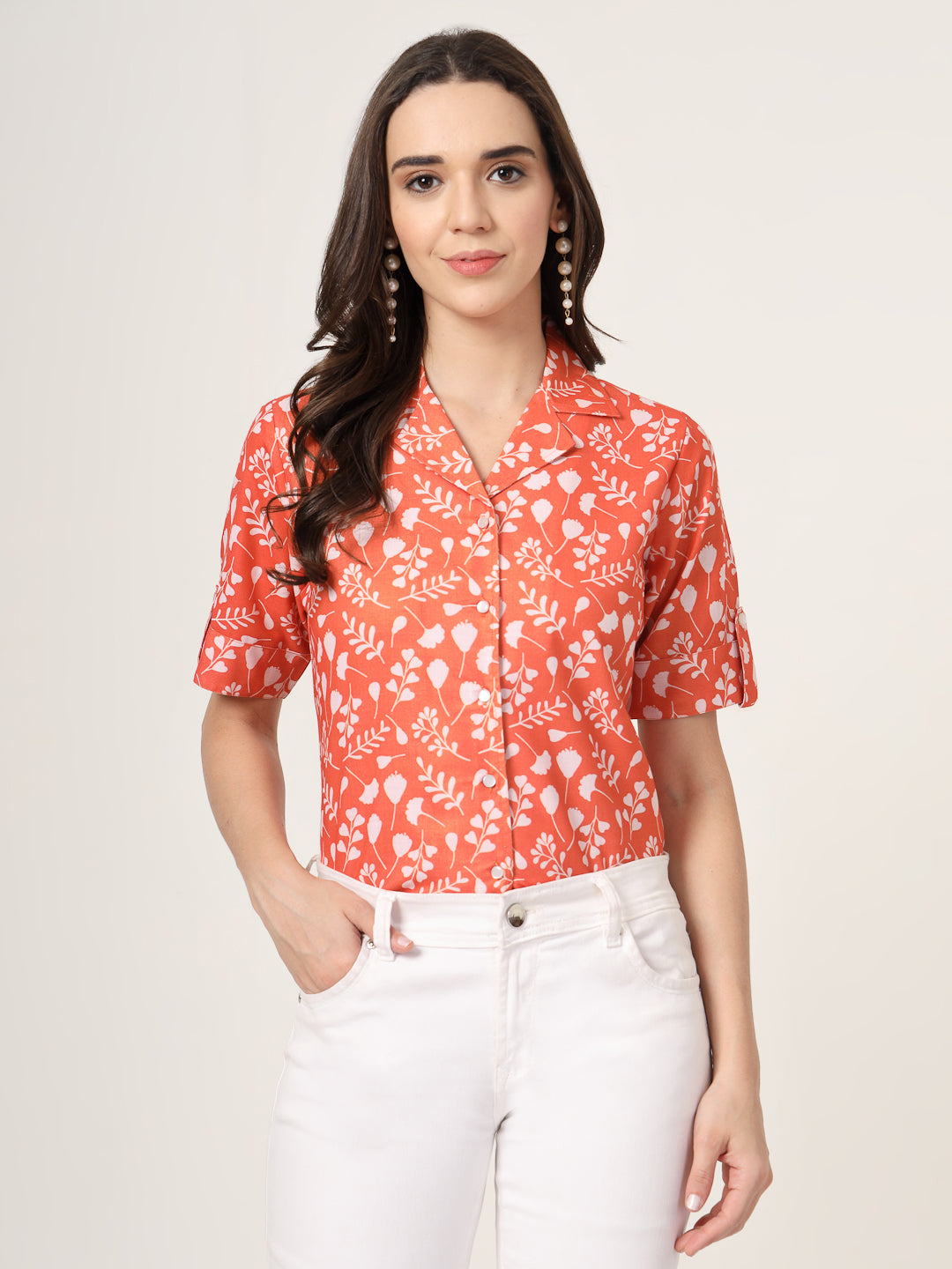 Style Quotient Women Brown And White Floral Printed Polyviscose short Sleeve Semi Formal Shirt-Shirts-StyleQuotient