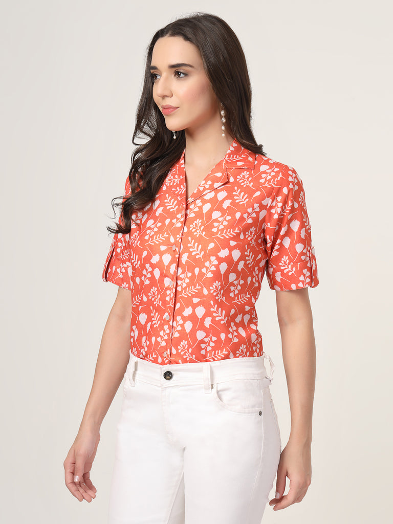 Style Quotient Women Brown And White Floral Printed Polyviscose short Sleeve Semi Formal Shirt-Shirts-StyleQuotient