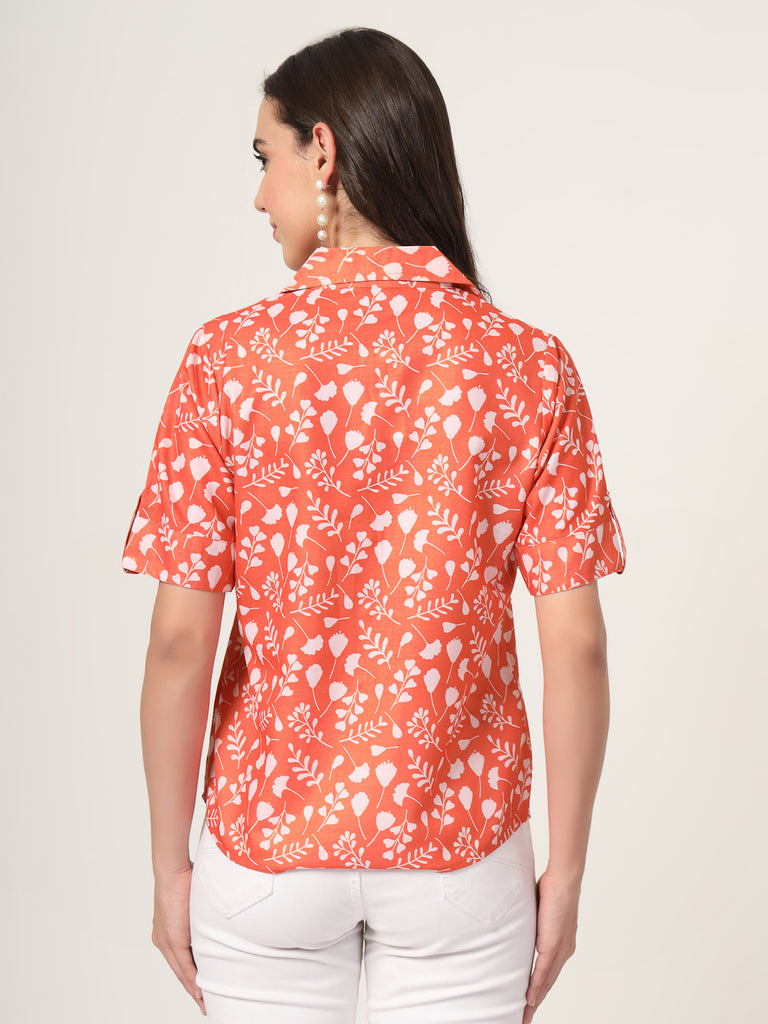 Style Quotient Women Brown And White Floral Printed Polyviscose short Sleeve Semi Formal Shirt-Shirts-StyleQuotient