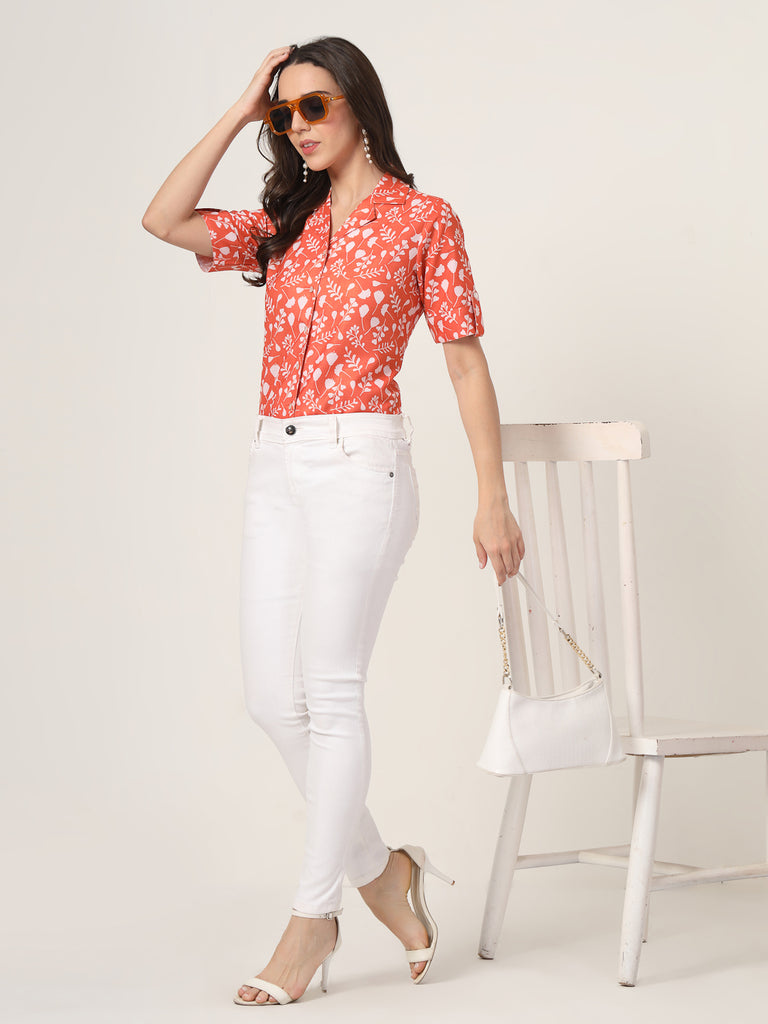 Style Quotient Women Brown And White Floral Printed Polyviscose short Sleeve Semi Formal Shirt-Shirts-StyleQuotient