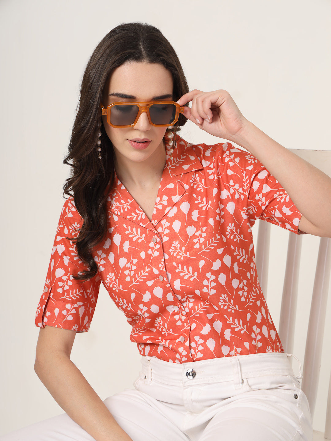 Style Quotient Women Brown And White Floral Printed Polyviscose short Sleeve Semi Formal Shirt-Shirts-StyleQuotient