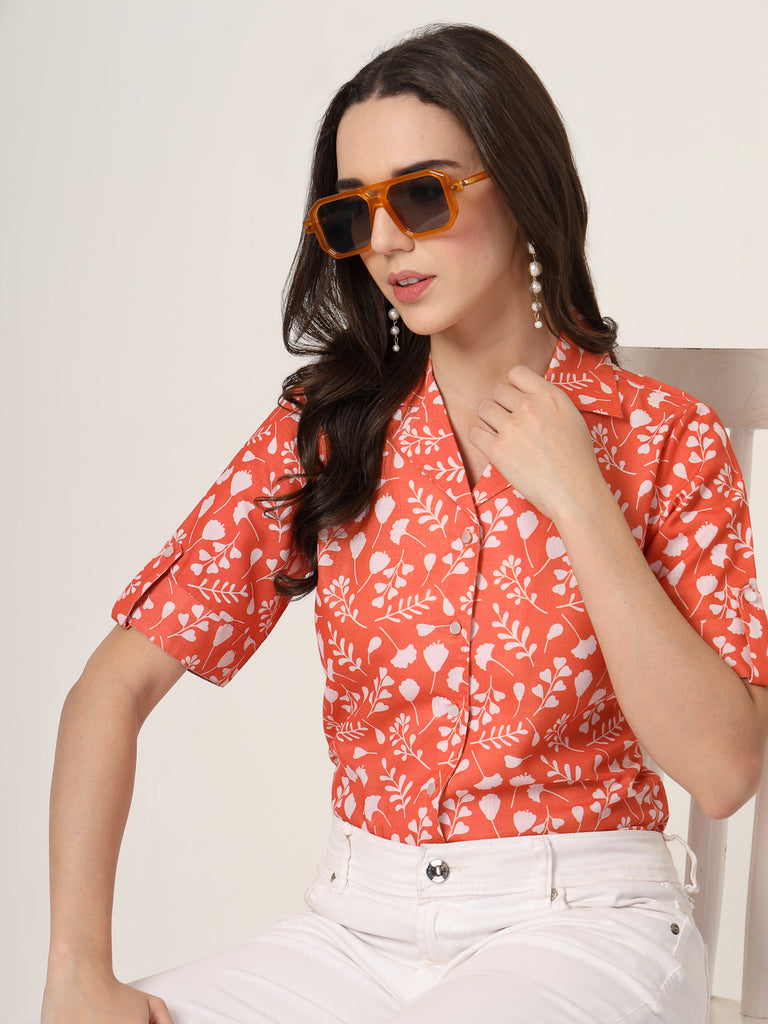 Style Quotient Women Brown And White Floral Printed Polyviscose short Sleeve Semi Formal Shirt-Shirts-StyleQuotient