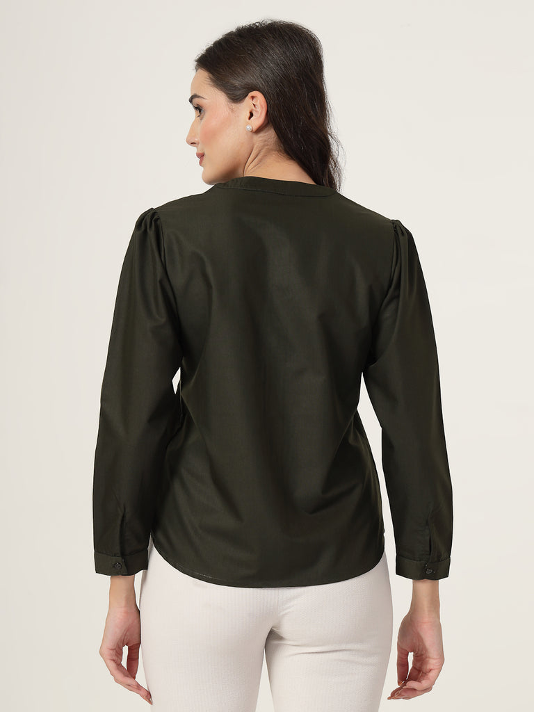 Style Quotient Women Solid Olive Polycotton Regular Shirt-Shirts-StyleQuotient