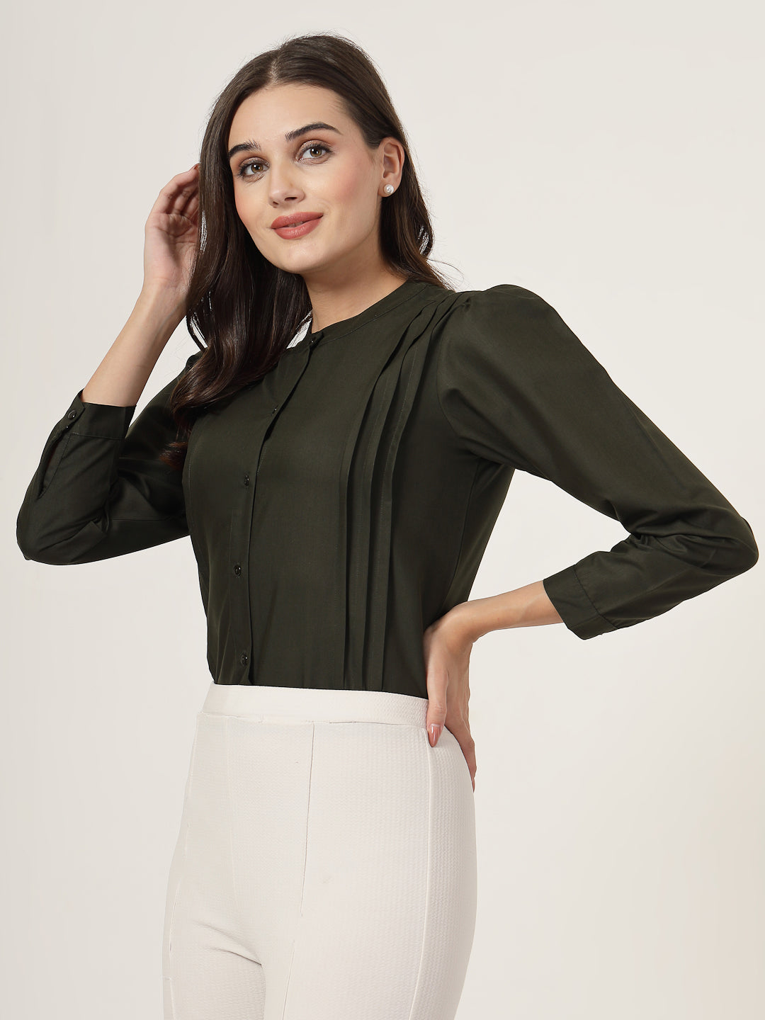 Style Quotient Women Solid Olive Polycotton Regular Shirt-Shirts-StyleQuotient