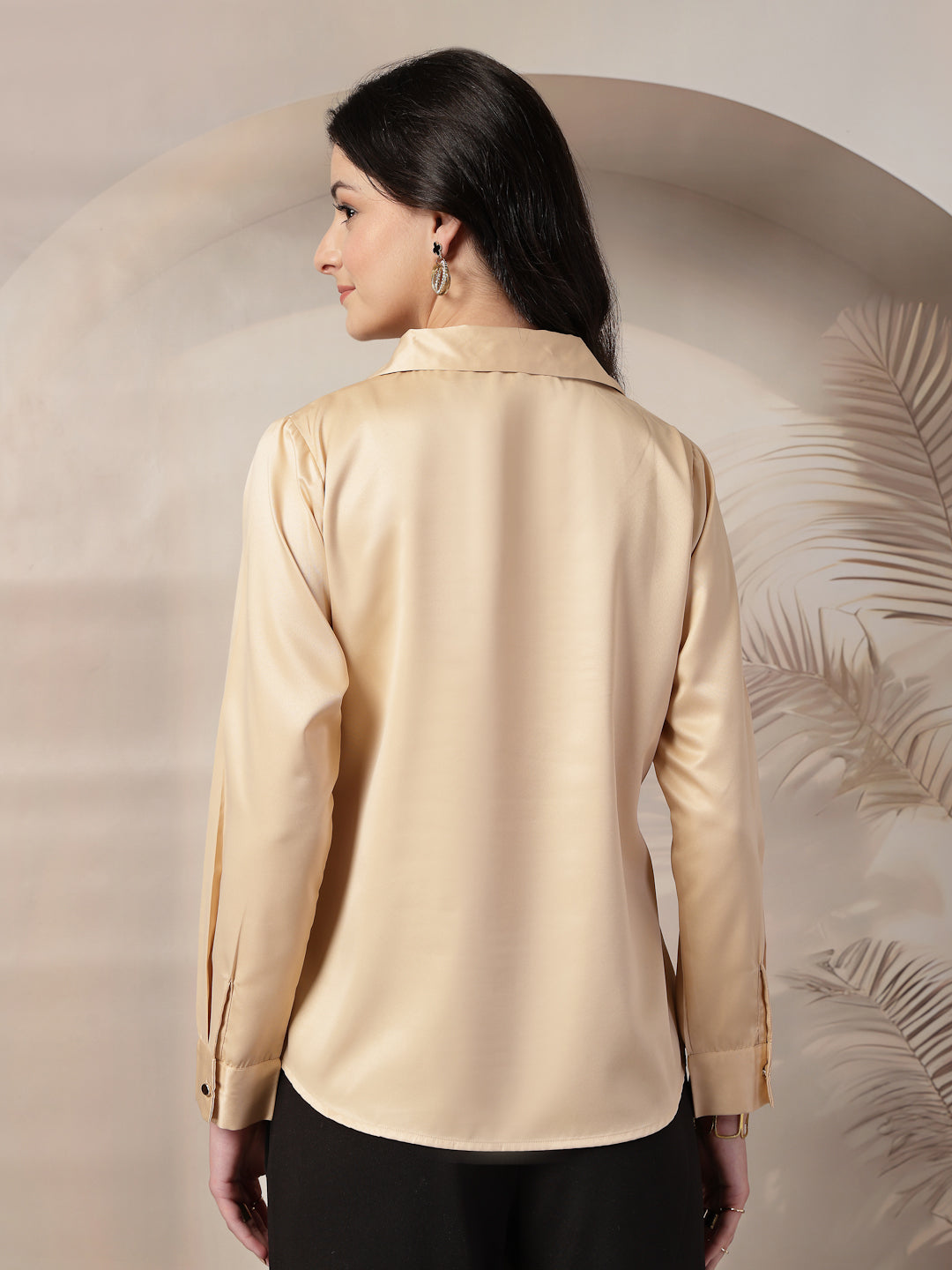 Style Quotient Women Beige Solid Satin Top-Tops-StyleQuotient