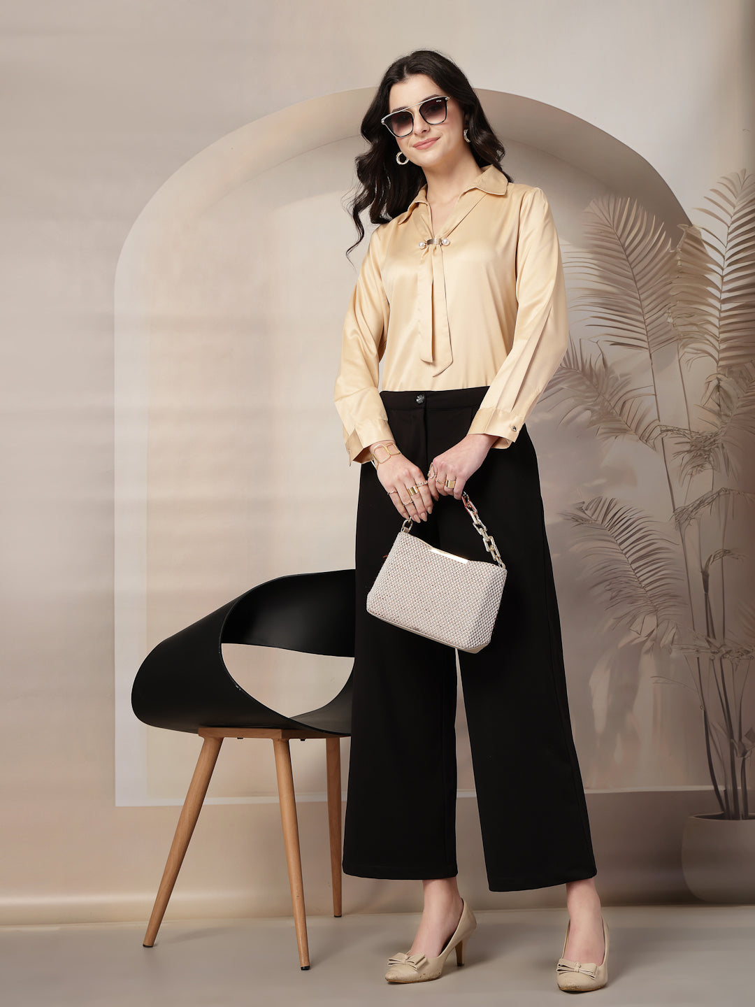 Style Quotient Women Beige Solid Satin Top-Tops-StyleQuotient