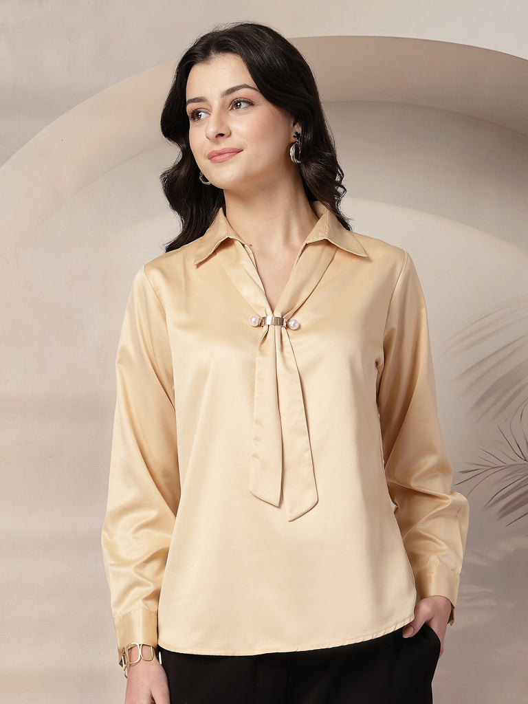 Style Quotient Women Beige Solid Satin Top-Tops-StyleQuotient