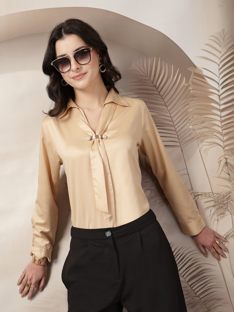 Style Quotient Women Beige Solid Satin Top-Tops-StyleQuotient