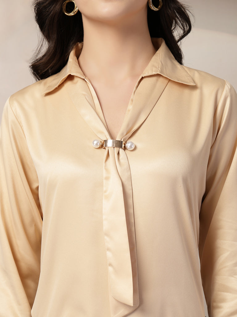 Style Quotient Women Beige Solid Satin Top-Tops-StyleQuotient