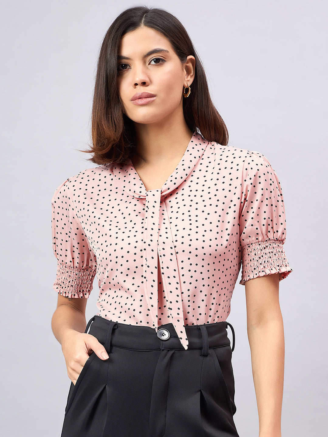 Style Quotient Women Nude and black polka print Top-Tops-StyleQuotient