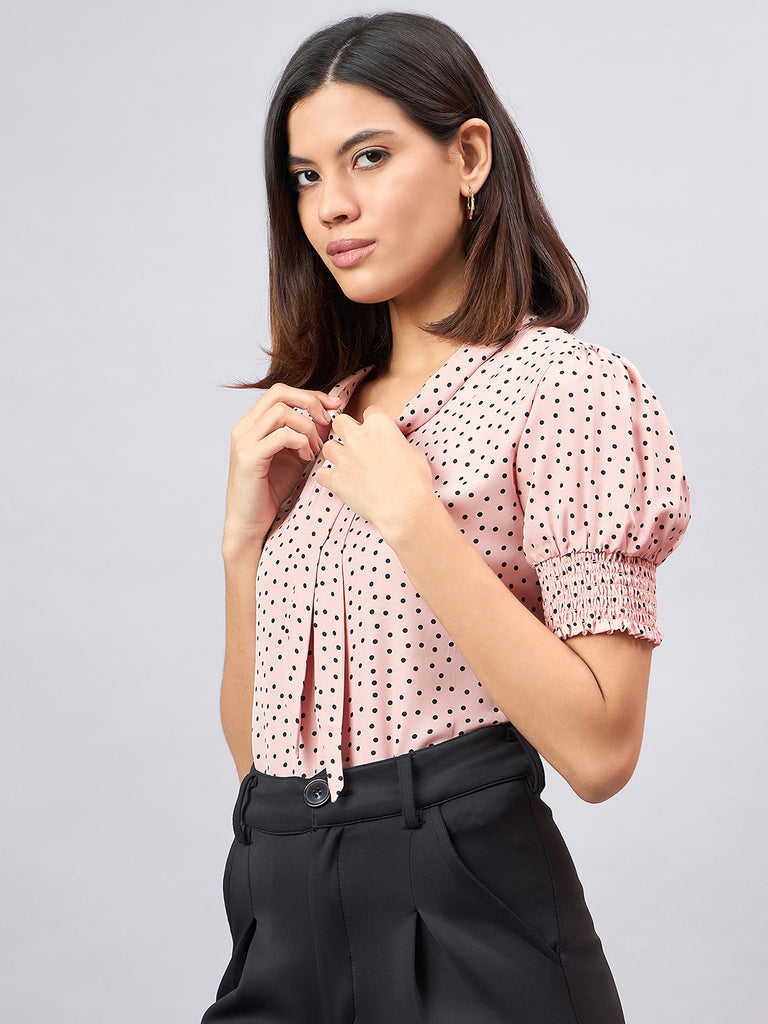 Style Quotient Women Nude and black polka print Top-Tops-StyleQuotient