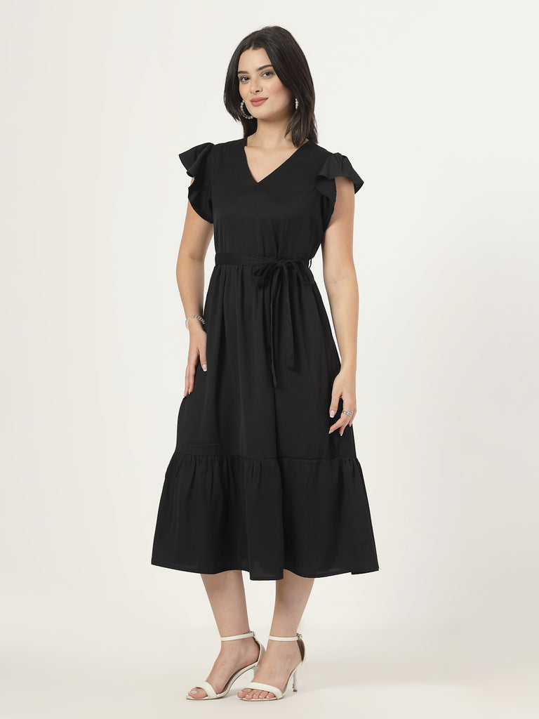 Style Quotient Womens Full length dress with frill style sleeves and waist belt-Dresses-StyleQuotient