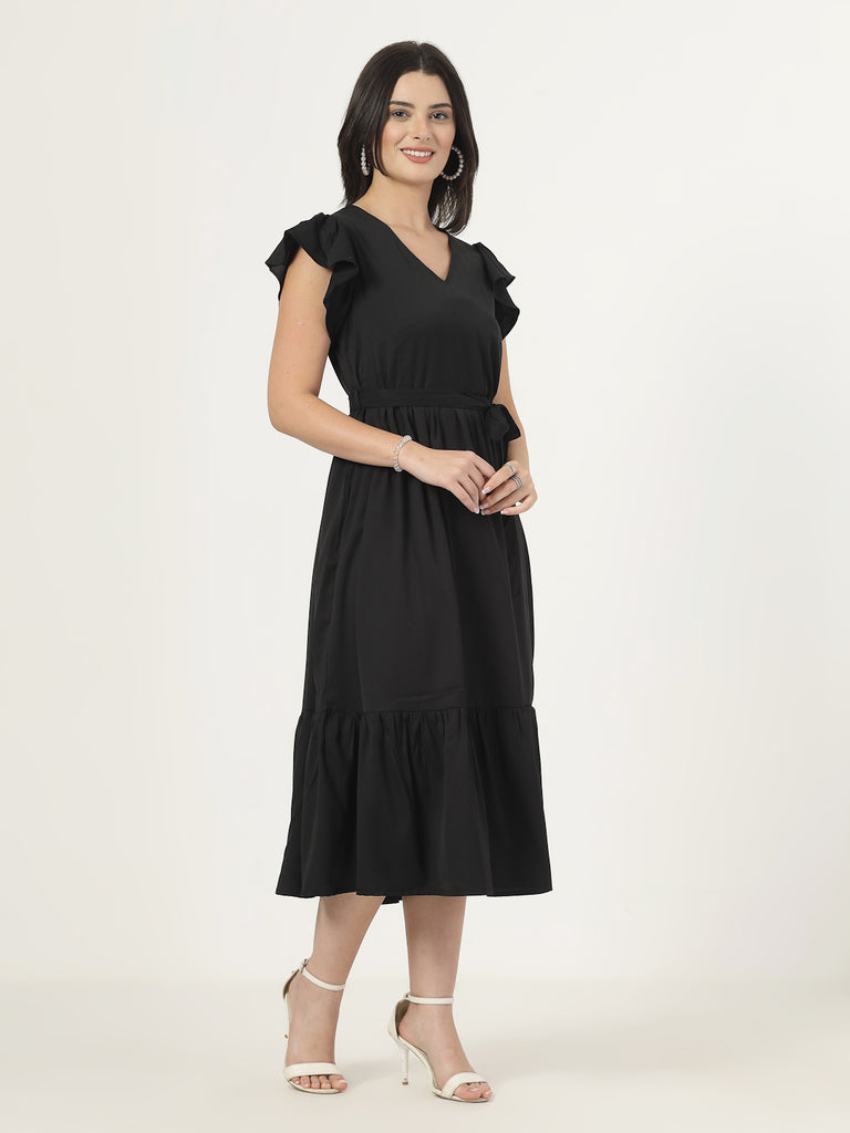 Style Quotient Womens Full length dress with frill style sleeves and waist belt-Dresses-StyleQuotient