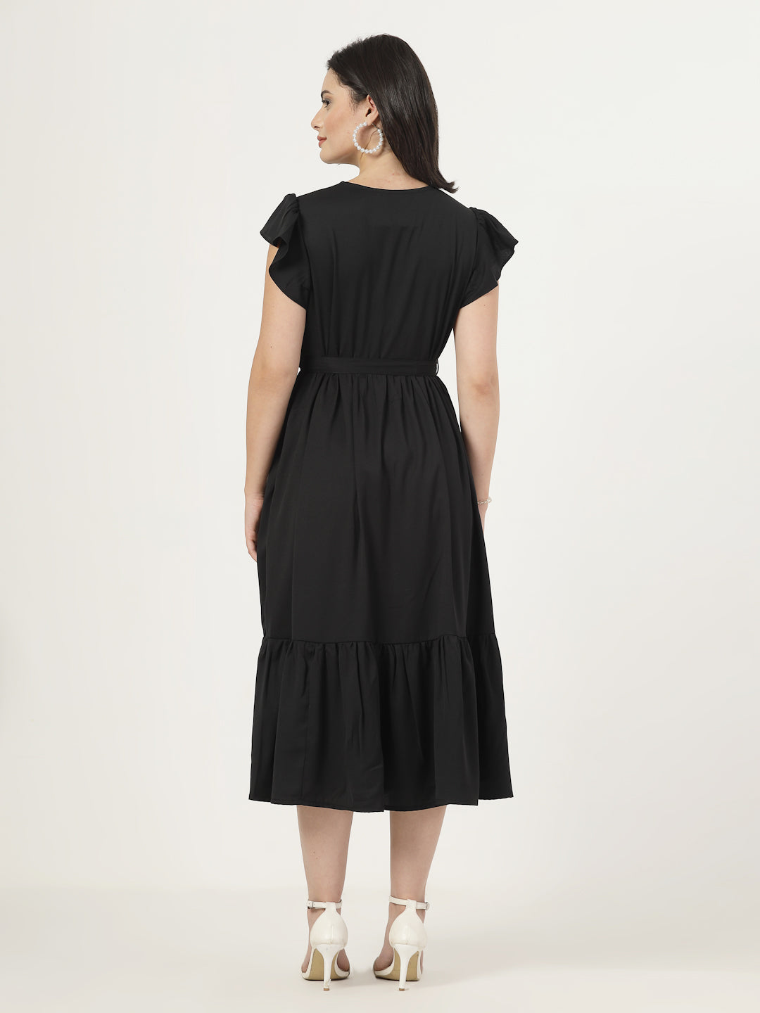 Style Quotient Womens Full length dress with frill style sleeves and waist belt-Dresses-StyleQuotient