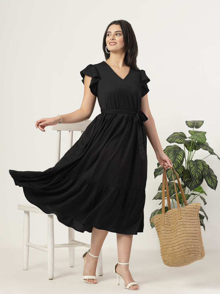 Style Quotient Womens Full length dress with frill style sleeves and waist belt-Dresses-StyleQuotient