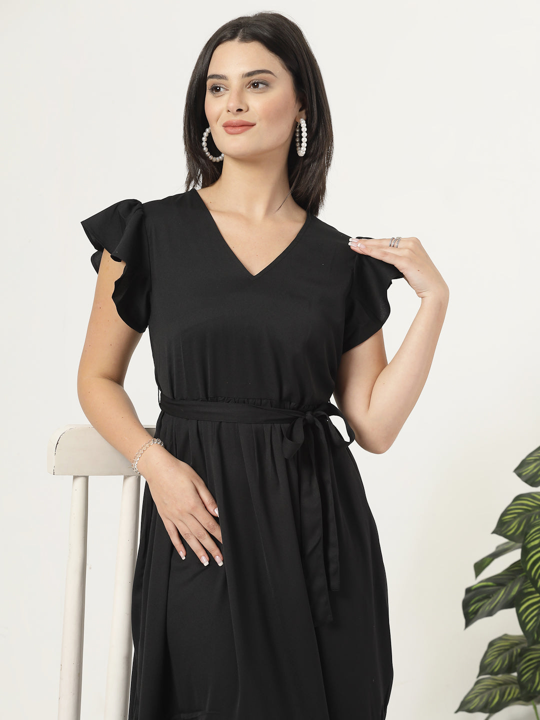 Style Quotient Womens Full length dress with frill style sleeves and waist belt-Dresses-StyleQuotient